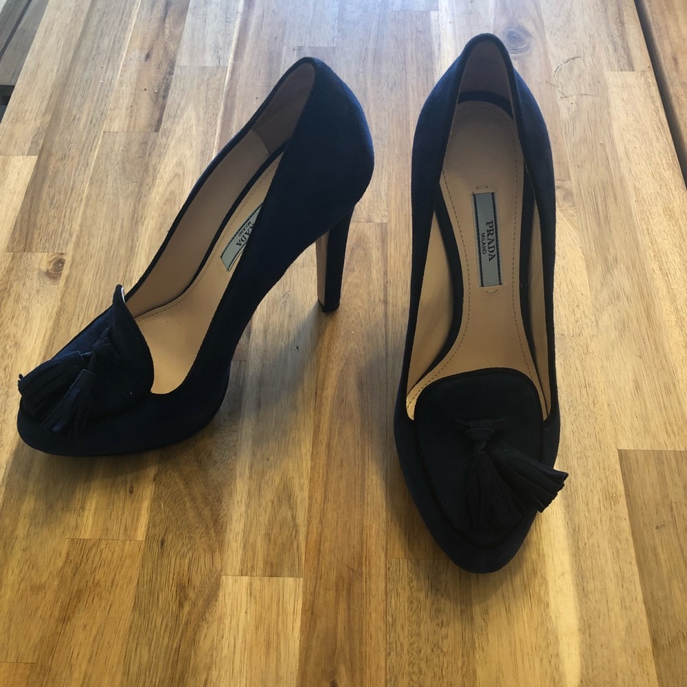 Prada Navy Suede Leather Pumps with Tassels